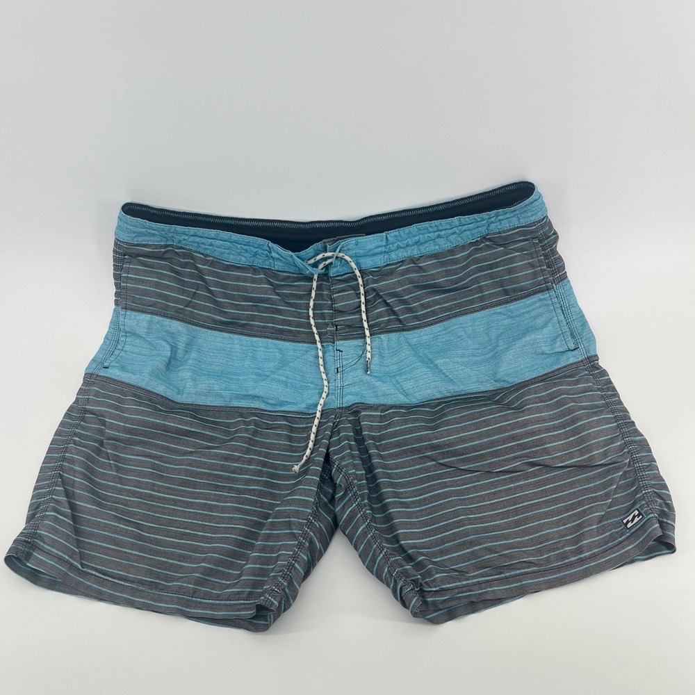Billabong Board Shorts Mens 34 Blue Grey Striped Surf Swim Trunks